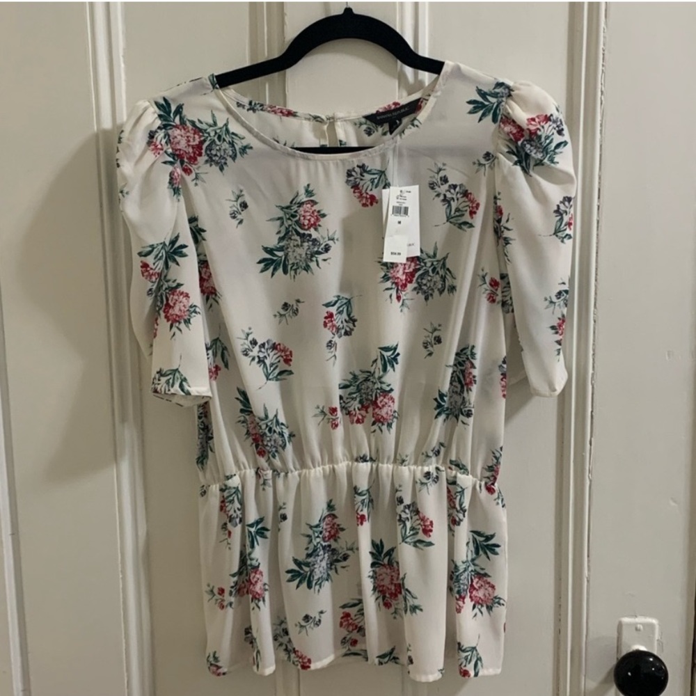 Banana Republic White Peplum Top with Floral Print, Women's Medium